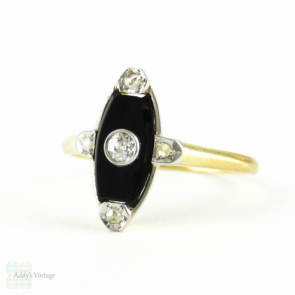 Art Deco Onyx & Diamond Dress Ring, Navette Shape Onyx with Old European & Rose Cut Diamonds. Circa 1920s, 18 Carat Gold.
