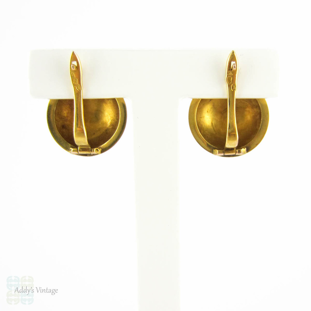 Vintage French 18 Carat Gold Earrings, Circle Sphere Shape Pierced Earrings. Mid 20th Century.