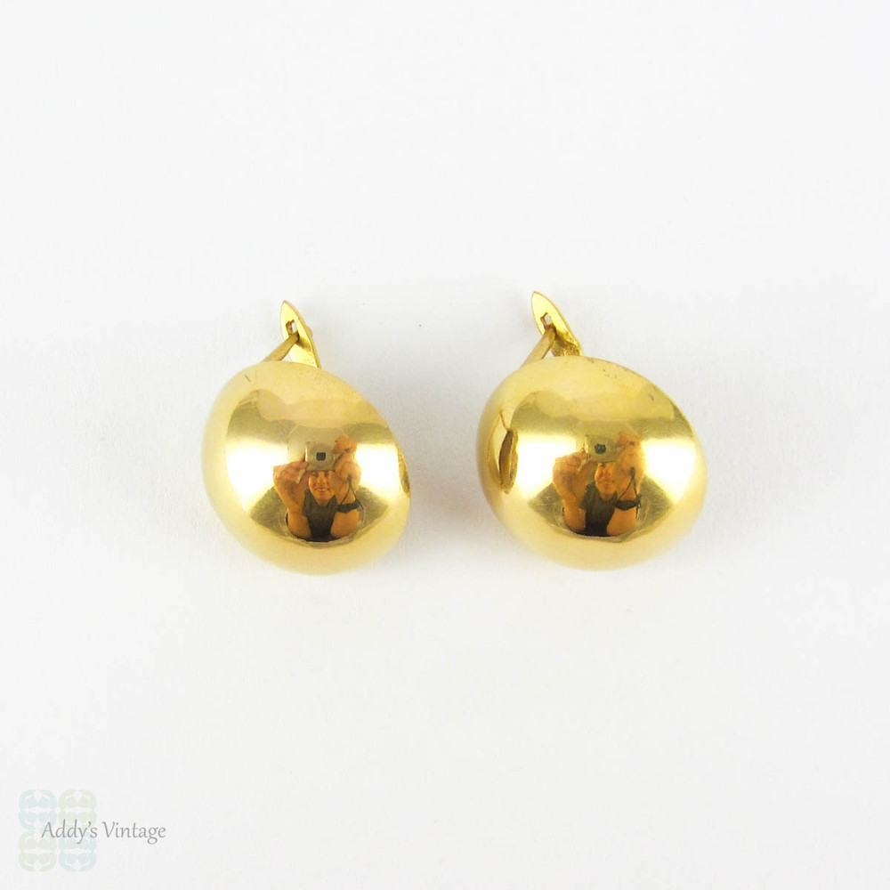Vintage French 18 Carat Gold Earrings, Circle Sphere Shape Pierced Earrings. Mid 20th Century.
