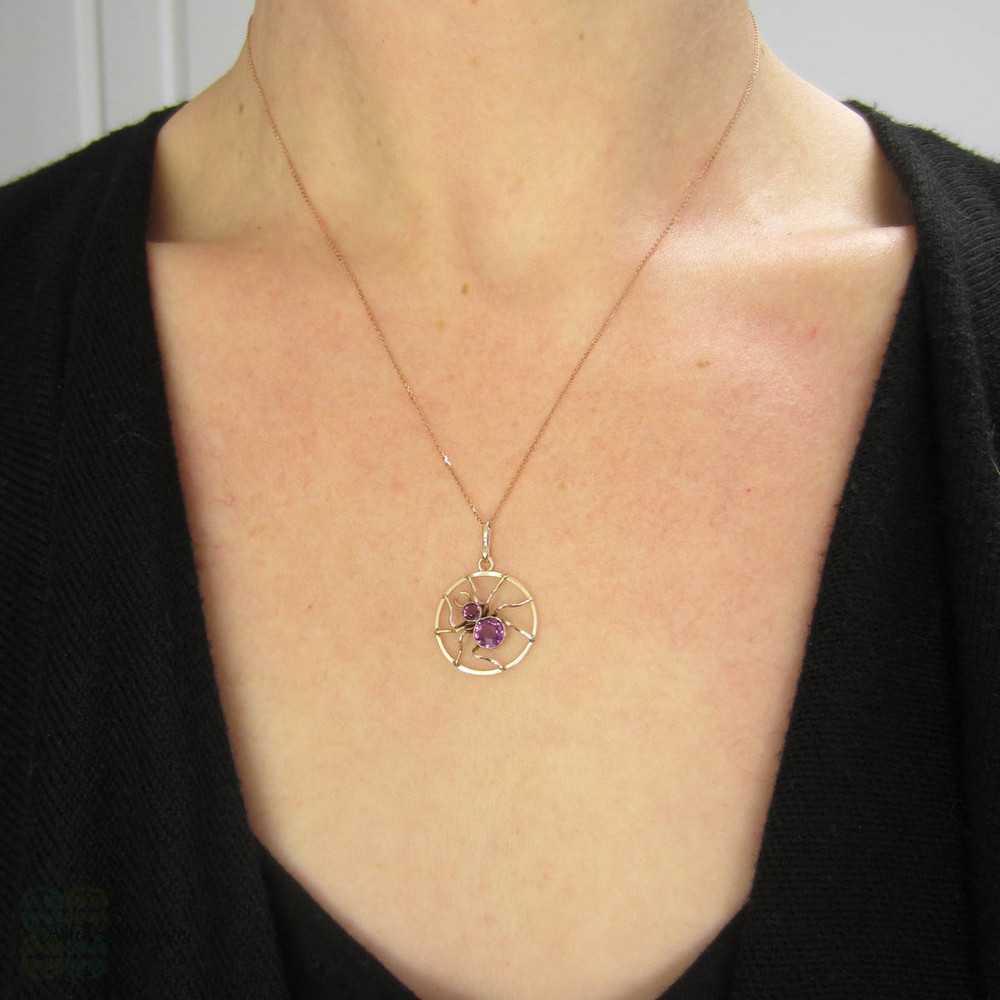 Antique Amethyst Spider Pendant, 9 Carat Gold Bug Necklace. Edwardian Era, Circa 1900 on 9k Rose Gold Chain