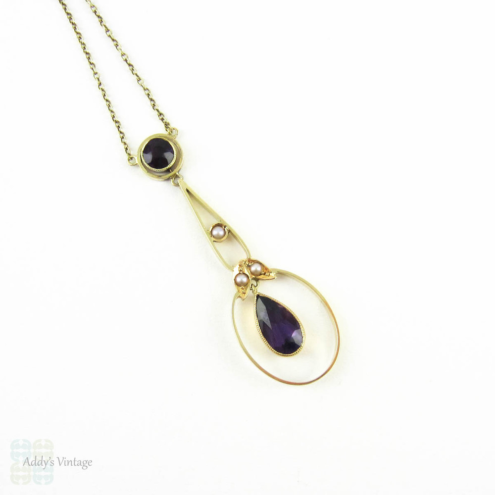 Antique Amethyst & Cultured Pearl Pendant, 15 Carat Rose Gold Pear