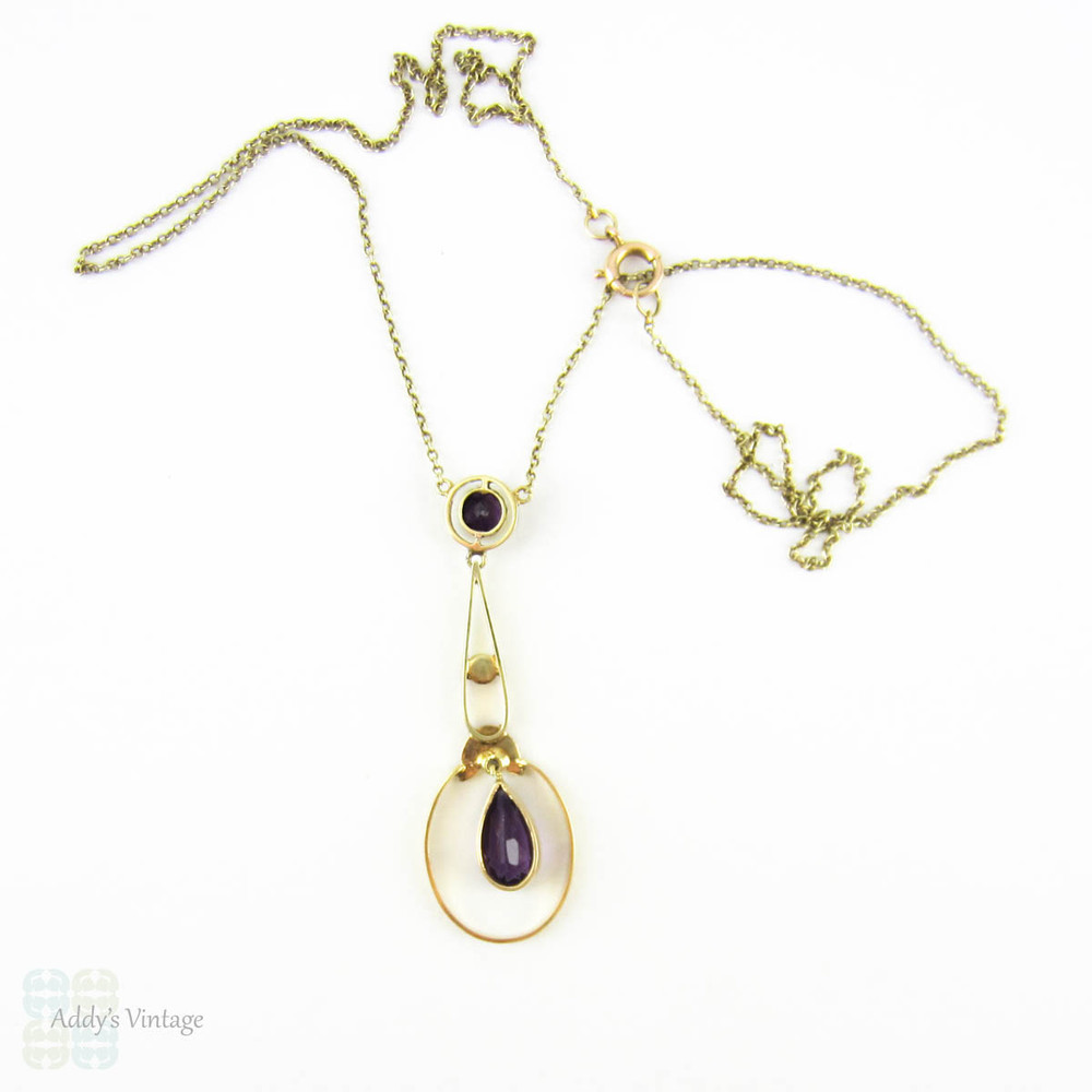 Antique Amethyst & Cultured Pearl Pendant, 15 Carat Rose Gold Pear Shape Drop Necklace. Circa 1900s - 1910s.