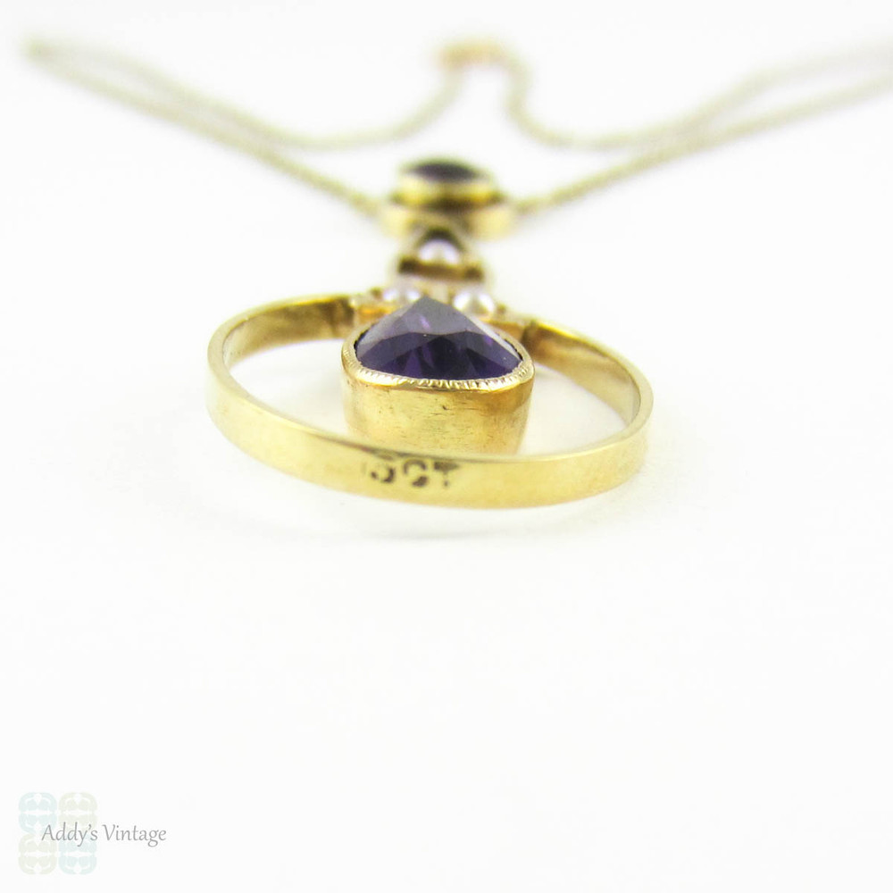Antique Amethyst & Cultured Pearl Pendant, 15 Carat Rose Gold Pear Shape Drop Necklace. Circa 1900s - 1910s.