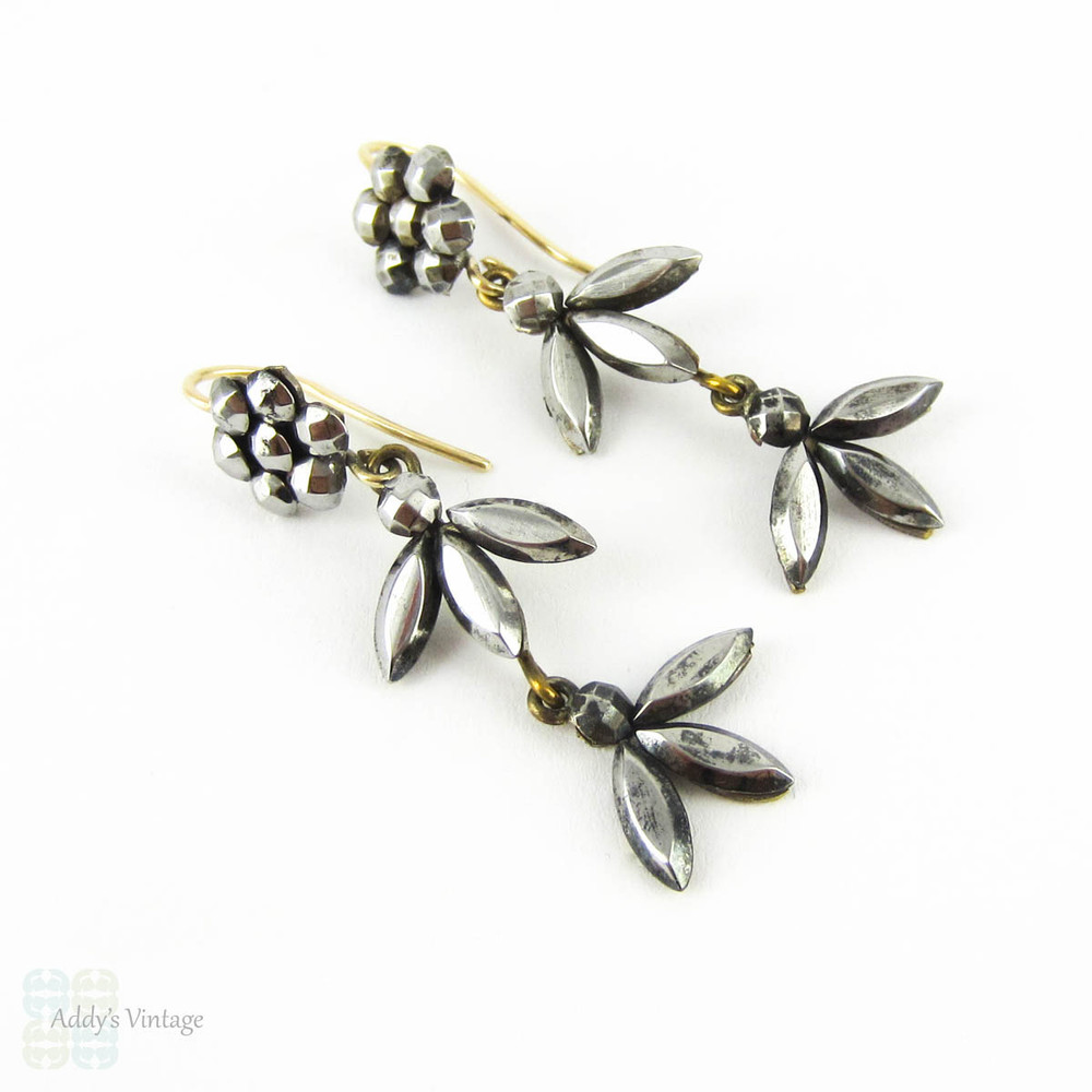 Antique Cut Steel Victorian Earrings, Cluster Cut Steel Hobnail Design and 9ct Gold Earwires, Circa 1880s.