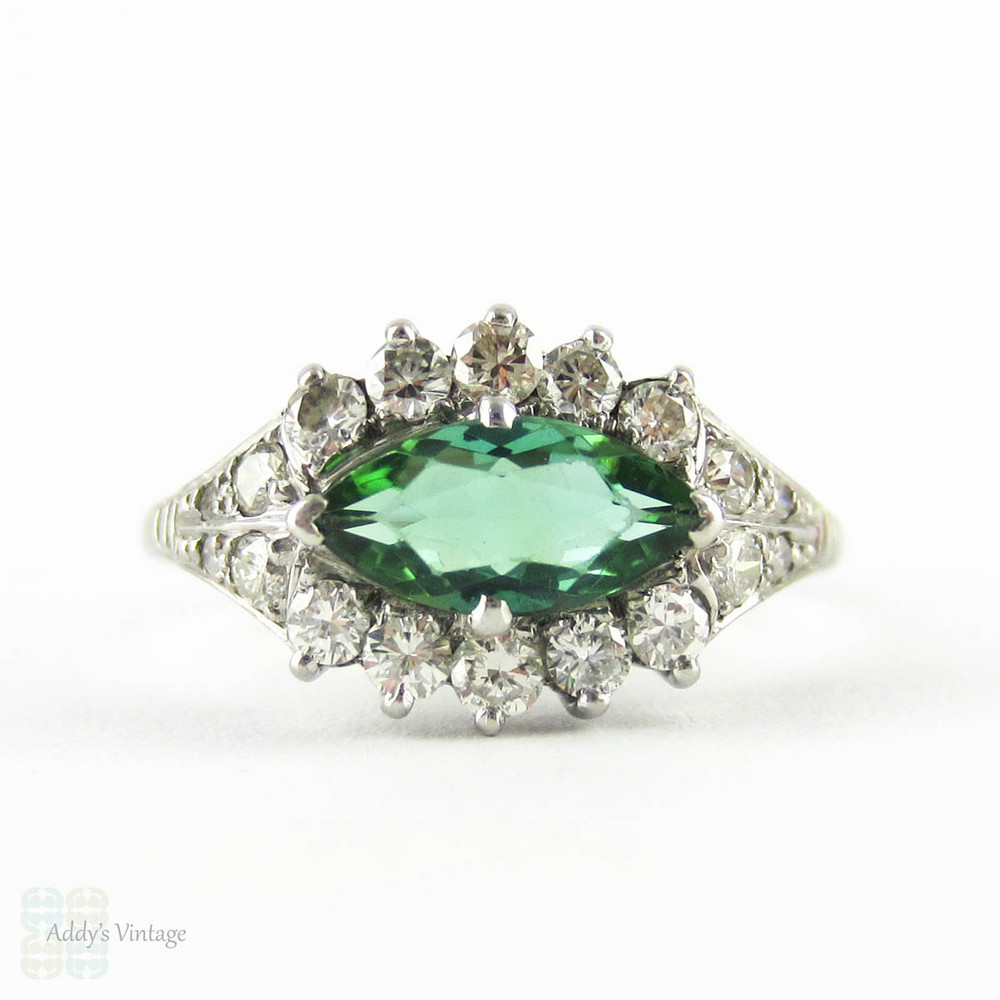Vintage Tourmanline Ring, Green Marquise Cut Tourmaline with Diamond Halo. Mid Century Cluster Ring, 18ct Gold & Platinum.