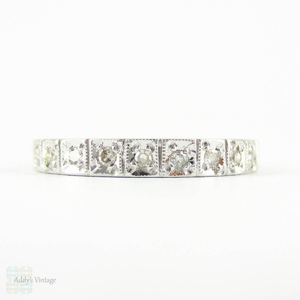 Vintage Diamond Wedding Ring,  Mid 20th Century Square Design 9 Stone Half Eternity Ring in 18 Carat White Gold.