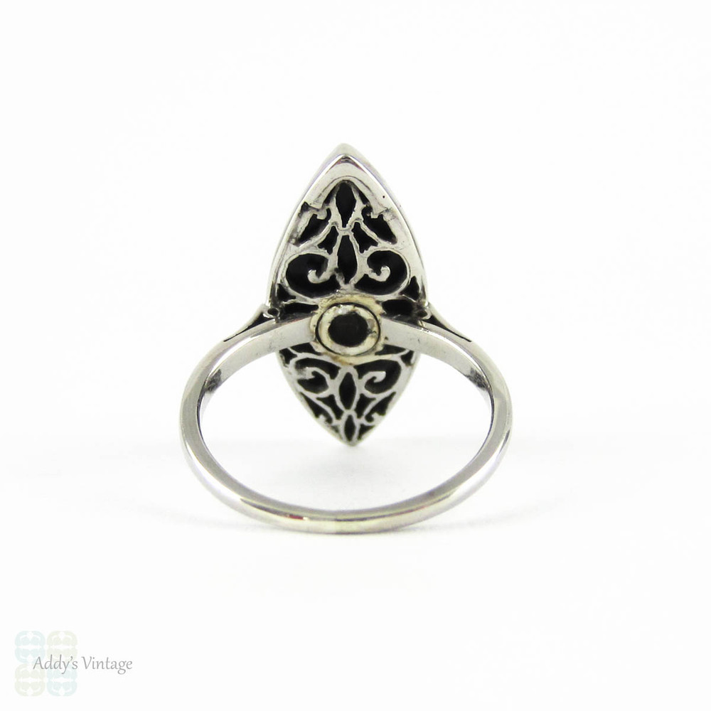 Art Deco Onyx & Old European Cut Diamond Dress Ring, Marquise Shape Onyx with Bezel Set Diamond. Circa 1920s, 14 Carat White Gold.