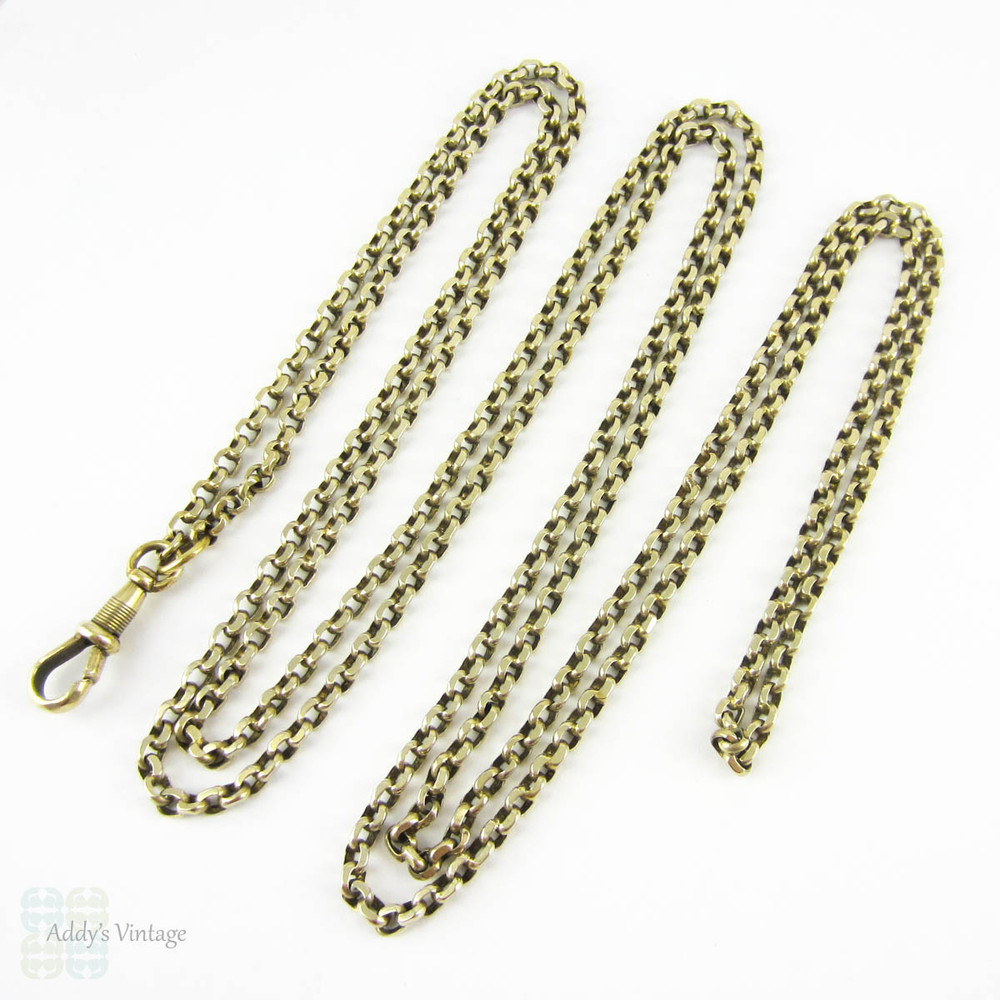 Victorian Pinchbeck Long Guard Chain, Heavy Faceted Link Muff or Lorgnette Chain Necklace with Swivel Dog Clip. 130 cm / 51.2 inches.