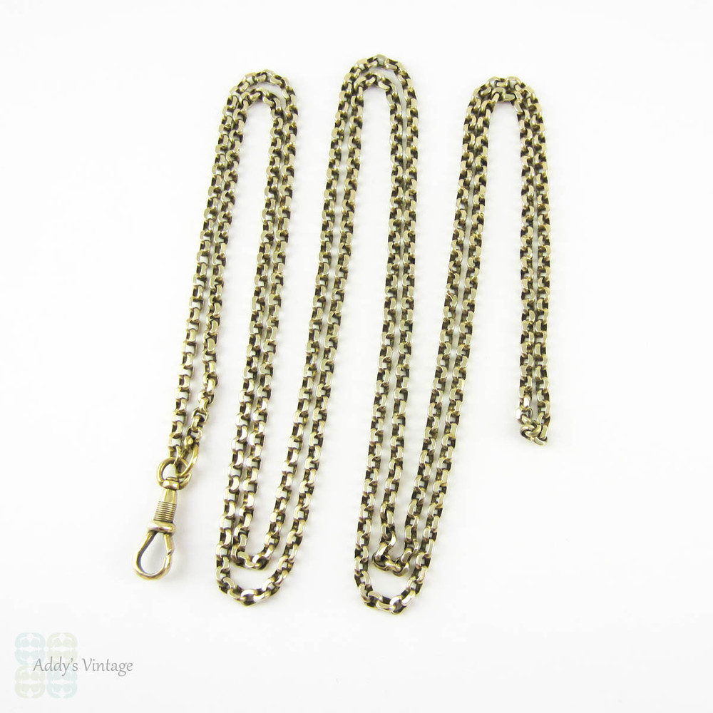 Victorian Pinchbeck Long Guard Chain, Heavy Faceted Link Muff or Lorgnette Chain Necklace with Swivel Dog Clip. 130 cm / 51.2 inches.
