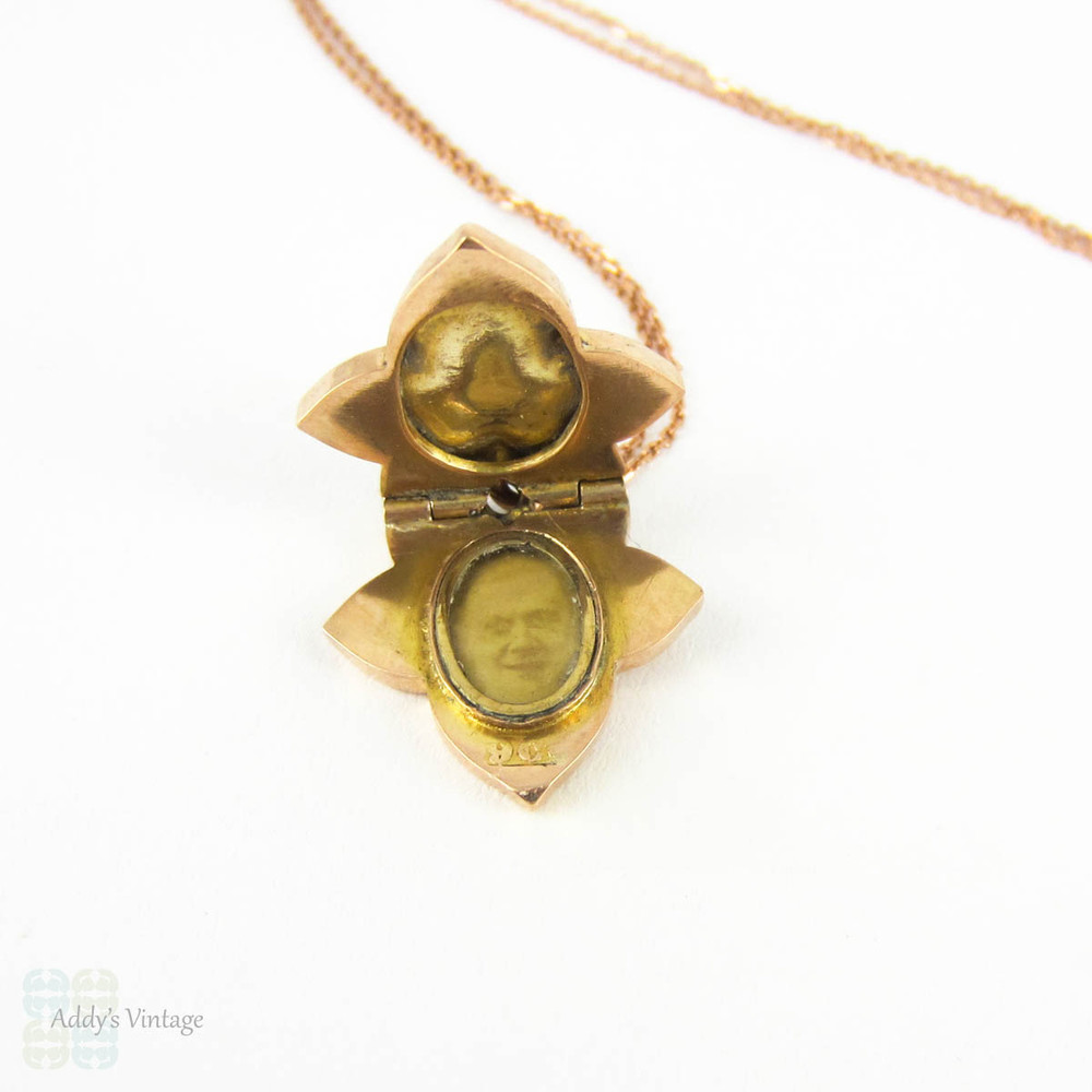 Antique Ivy Leaf Locket, 9 Carat Rose Gold Small Locket with Photograph on Rose Gold Chain. Circa 1900s.