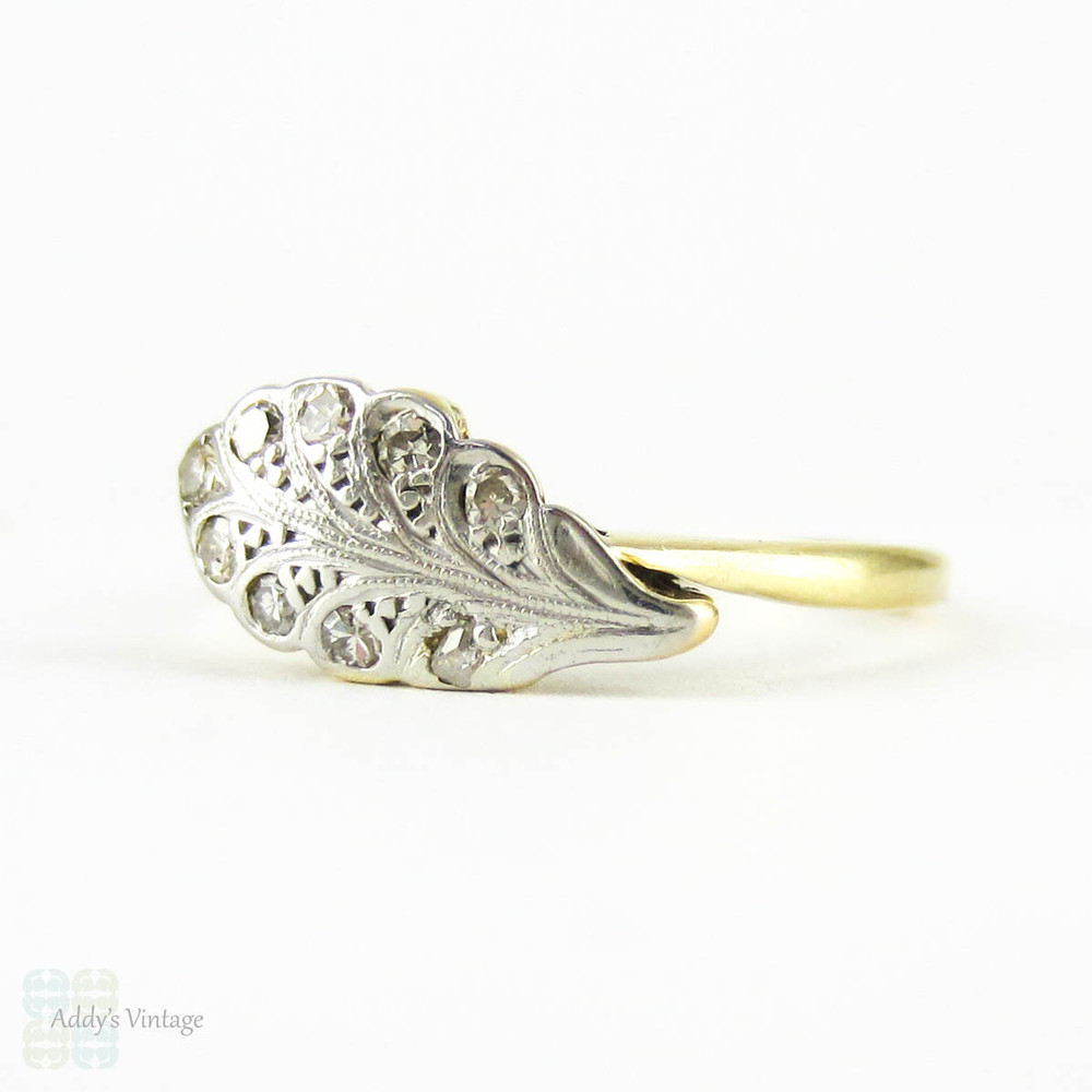 Art Deco Leaf Design Diamond Ring, Engraved Platinum Leaf on 18ct Yellow Gold Band. Unusual Design, Circa 1930s.