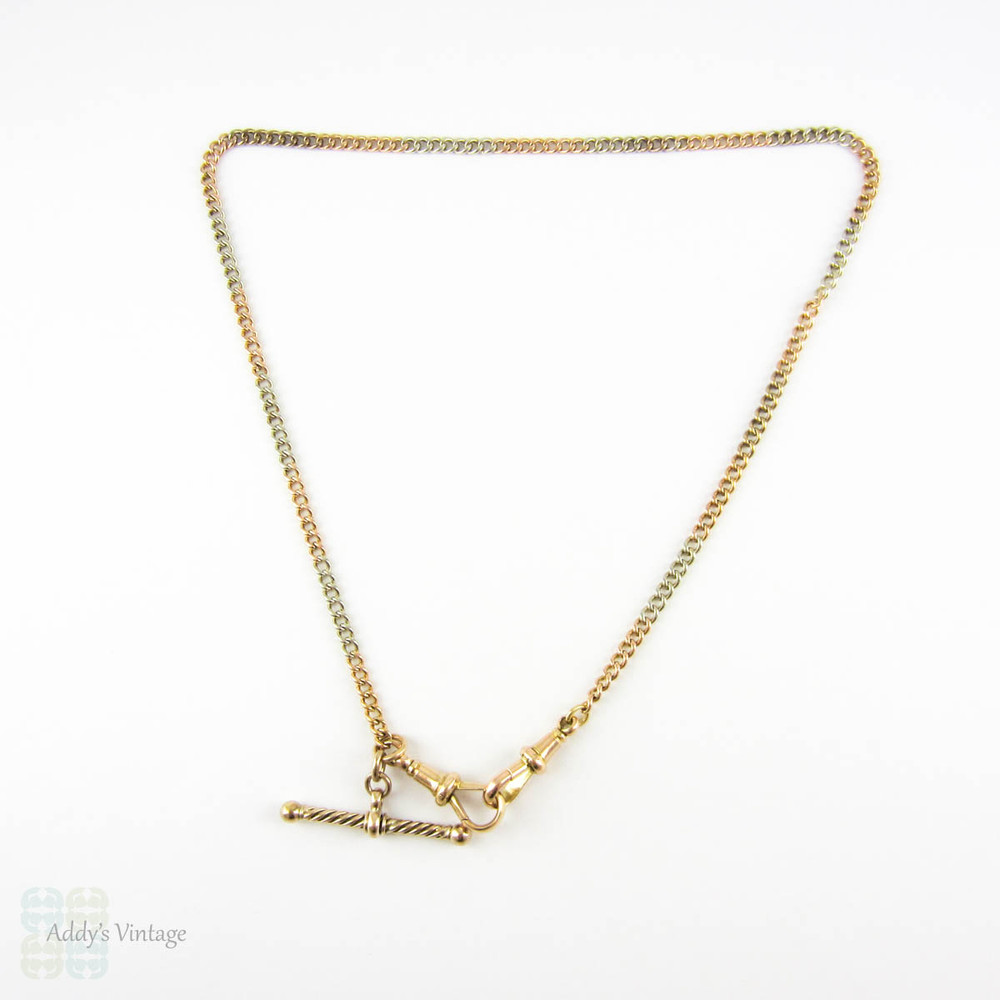Antique Edwardian Watch Chain. Two Tone 9ct Rose Gold & Silver Chain with Dog Clips & T-Bar. 40 cm / 15.75 inches, Circa 1900.