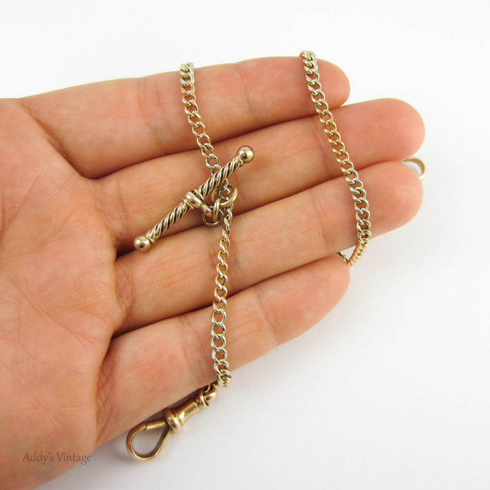 Antique Edwardian Watch Chain. Two Tone 9ct Rose Gold & Silver Chain with Dog Clips & T-Bar. 40 cm / 15.75 inches, Circa 1900.
