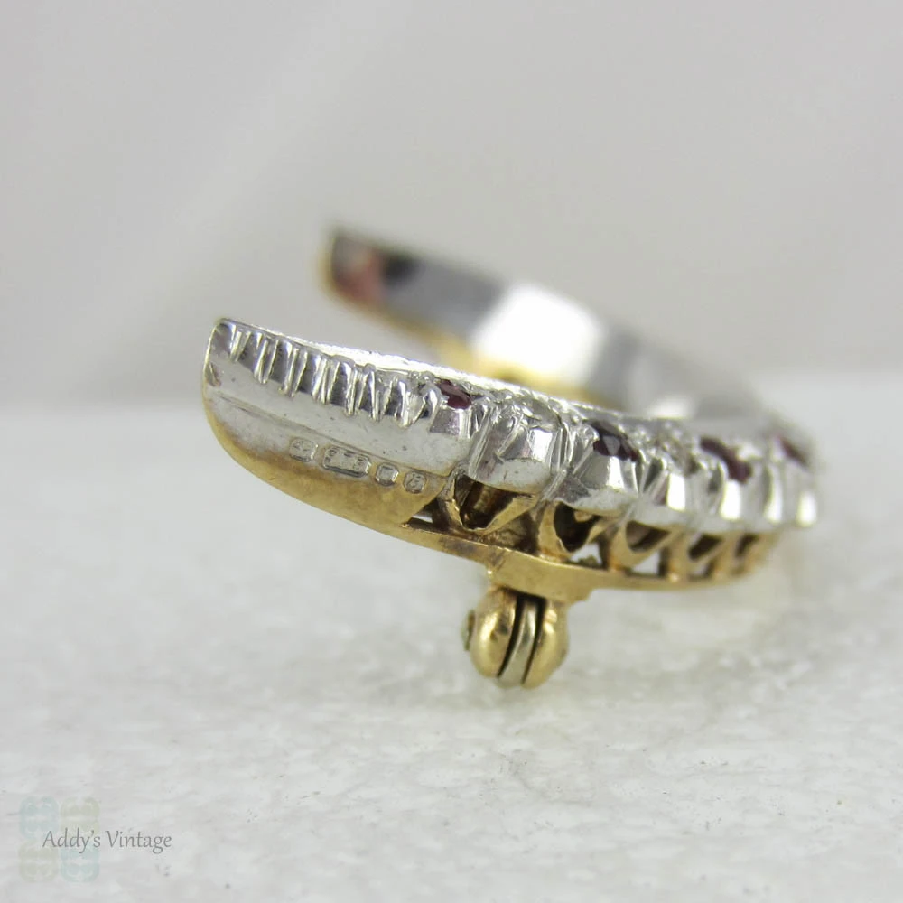 Vintage Diamond & Ruby Crescent Moon Shaped Brooch. Art Deco Half Moon in White and Yellow Gold, Circa 1930s.