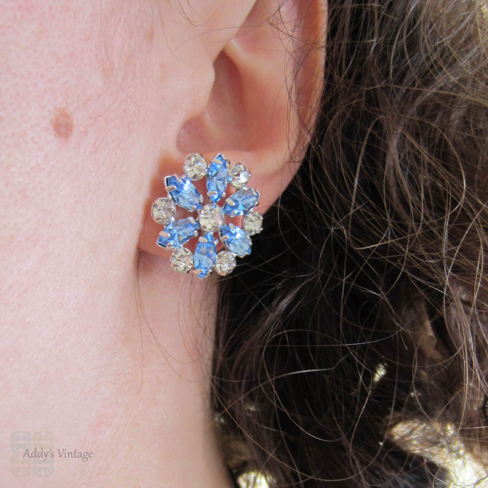 Vintage Rhinestone Clip On Earrings, Floral Design Blue & White Large Diamanté Earrings by B David. Marquise Shaped Stones, Circa 1950s.