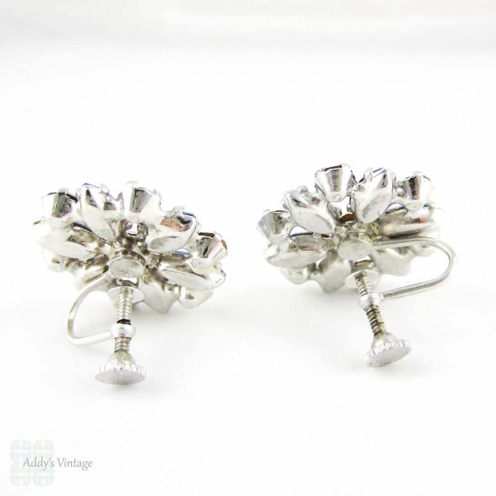 Vintage Rhinestone Clip On Earrings, Floral Design Blue & White Large Diamanté Earrings by B David. Marquise Shaped Stones, Circa 1950s.