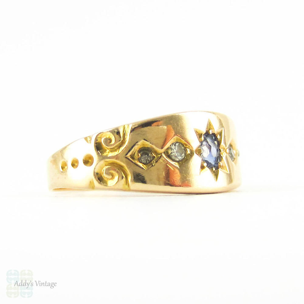 Antique Victorian Sapphire & Diamond Ring, Star Burst Design Engraved 15ct Gold Ring with Chester 1895 Hallmarks.