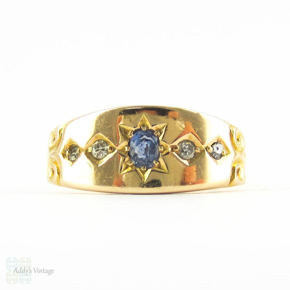 Antique Victorian Sapphire & Diamond Ring, Star Burst Design Engraved 15ct Gold Ring with Chester 1895 Hallmarks.