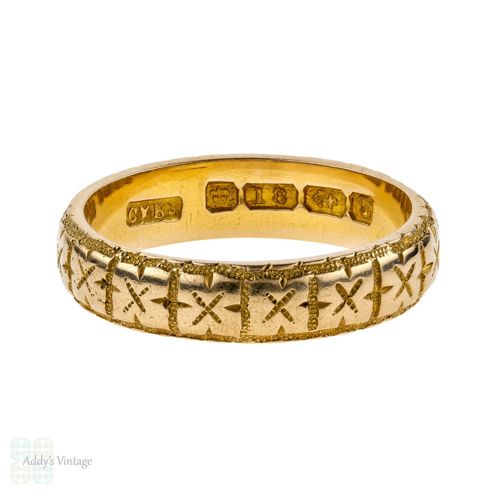 Victorian 18k Engraved Wedding Ring, Antique 18ct Gold