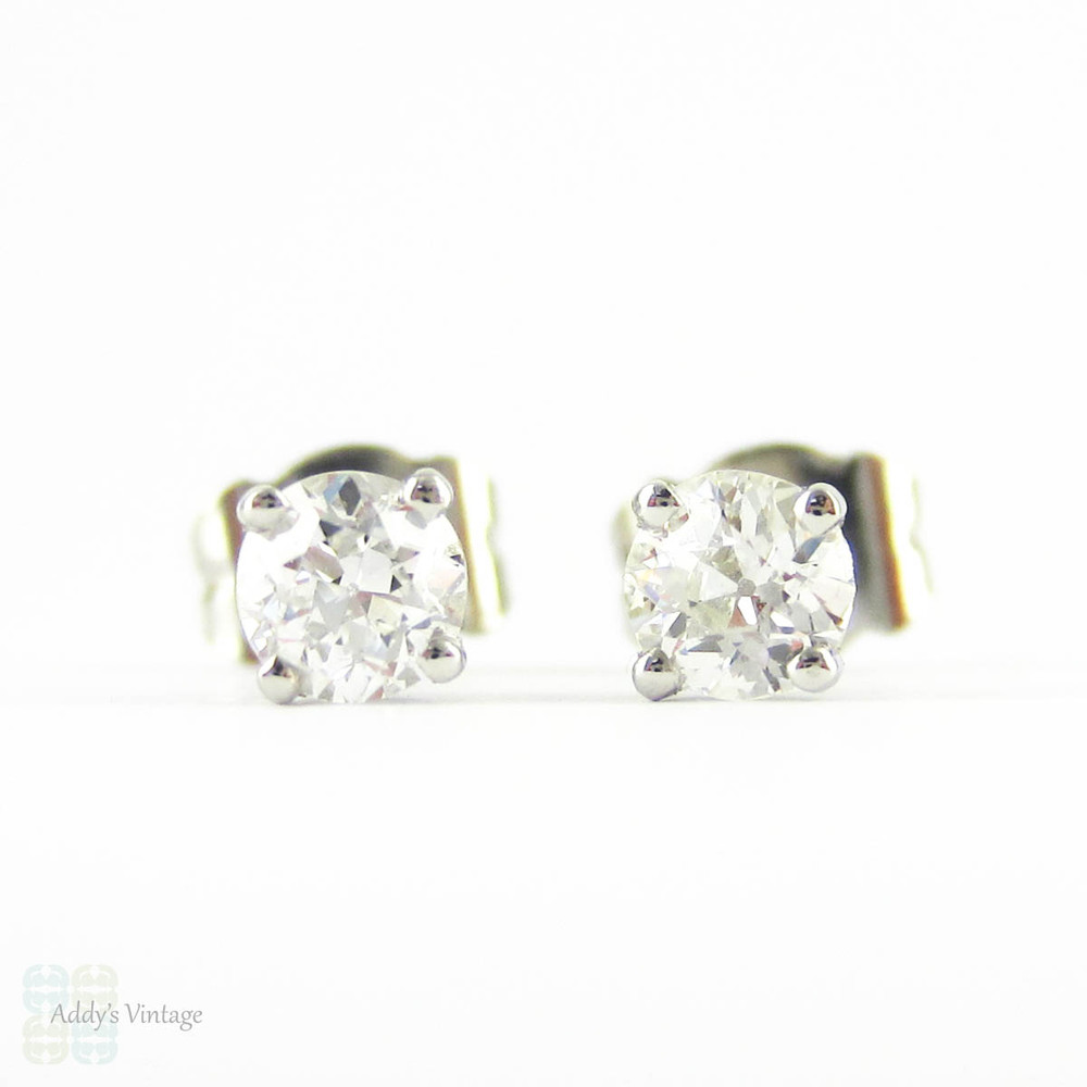 Old European Diamond Stud Earrings. Antique Half Carat 0.50 ctw Diamonds Set in Modern 4 Claw Basket Platinum Mounts.