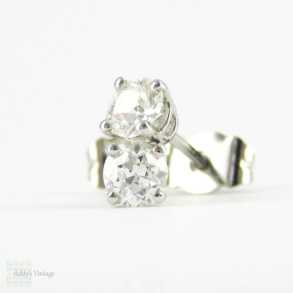 Old European Diamond Stud Earrings. Antique Half Carat 0.50 ctw Diamonds Set in Modern 4 Claw Basket Platinum Mounts.