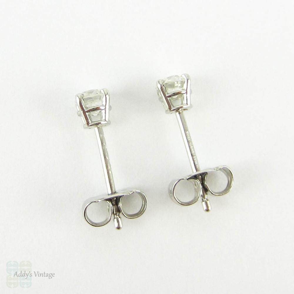 Old European Diamond Stud Earrings. Antique Half Carat 0.50 ctw Diamonds Set in Modern 4 Claw Basket Platinum Mounts.
