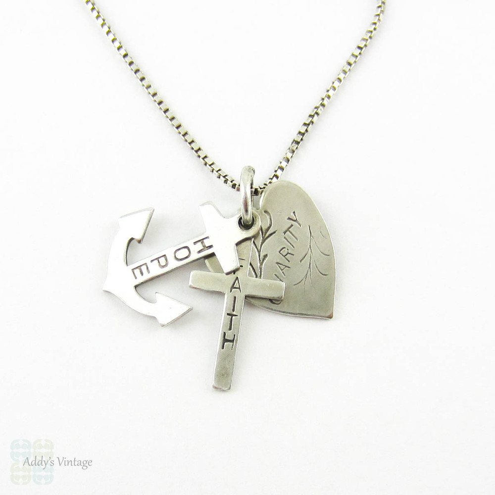 Vintage Faith, Hope & Charity Charm, Sterling Silver Set of Three Charm on Silver Box Chain.