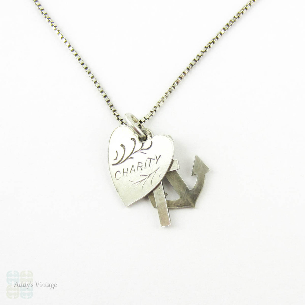 Vintage Faith, Hope & Charity Charm, Sterling Silver Set of Three Charm on Silver Box Chain.