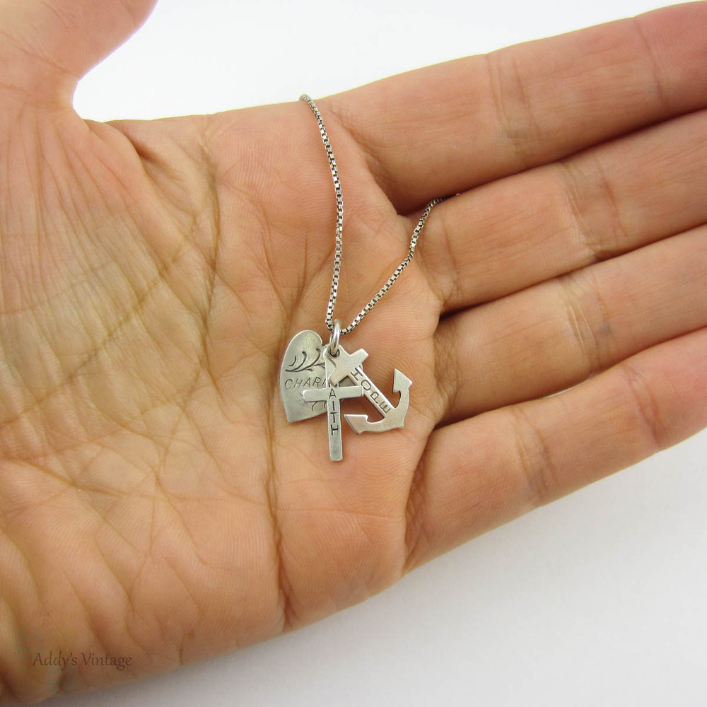 Vintage Faith, Hope & Charity Charm, Sterling Silver Set of Three Charm on Silver Box Chain.