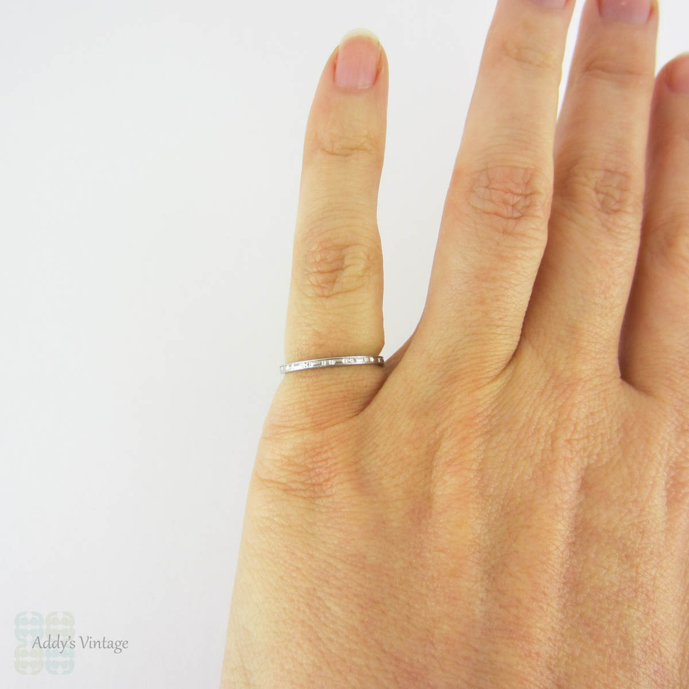 Art Deco Engraved Wedding Ring, Slender Geometric Design Platinum Wedding Band. Circa 1930s, Size J / 5.