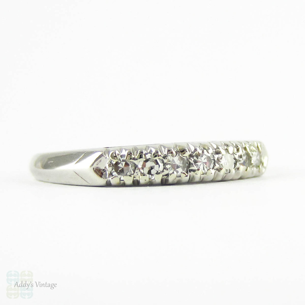 Vintage Diamond Wedding Ring, Platinum 7 Stone Half Hoop Band with Knife Edge Shank, 0.10 ctw, Circa 1940s.