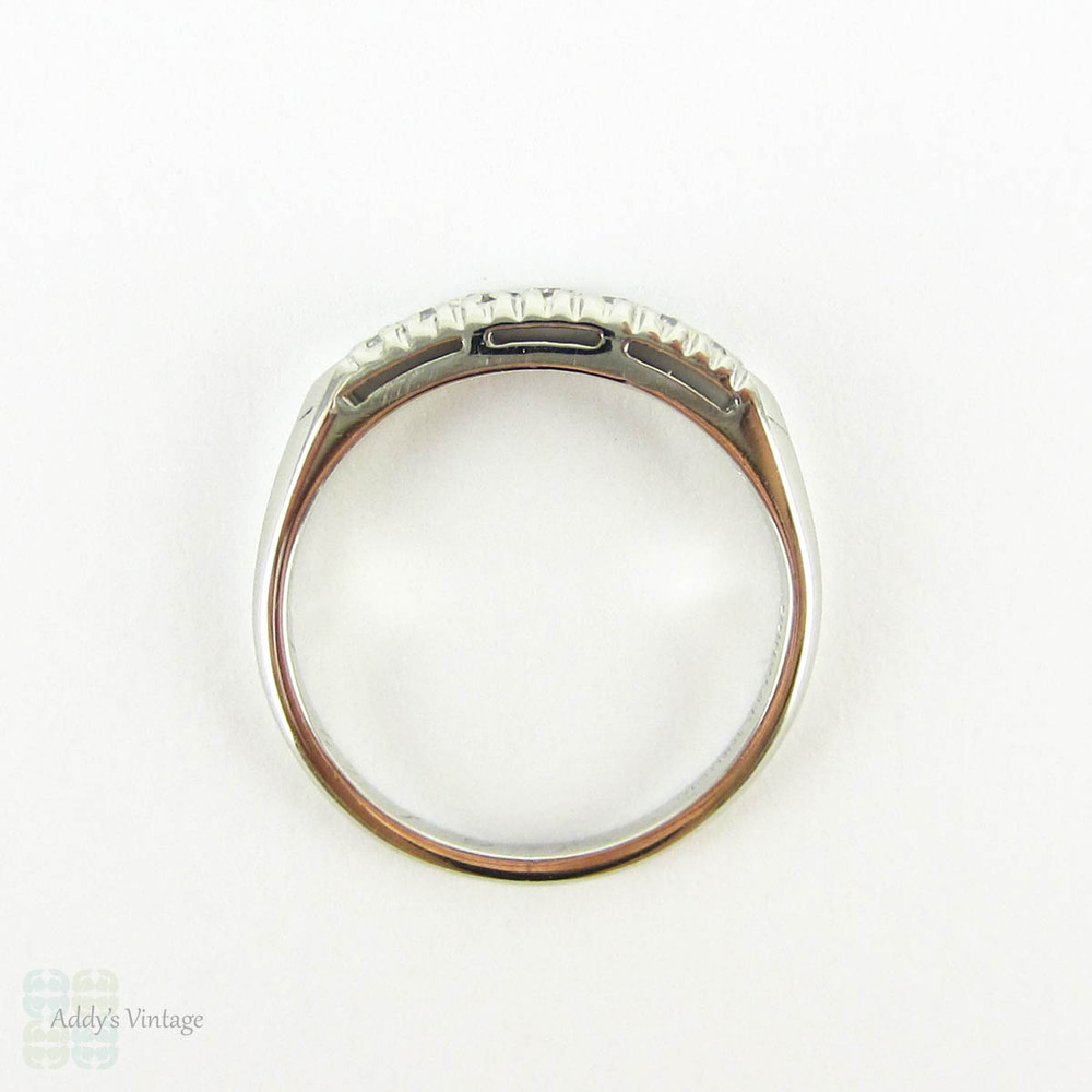 Vintage Diamond Wedding Ring, Platinum 7 Stone Half Hoop Band with Knife Edge Shank, 0.10 ctw, Circa 1940s.