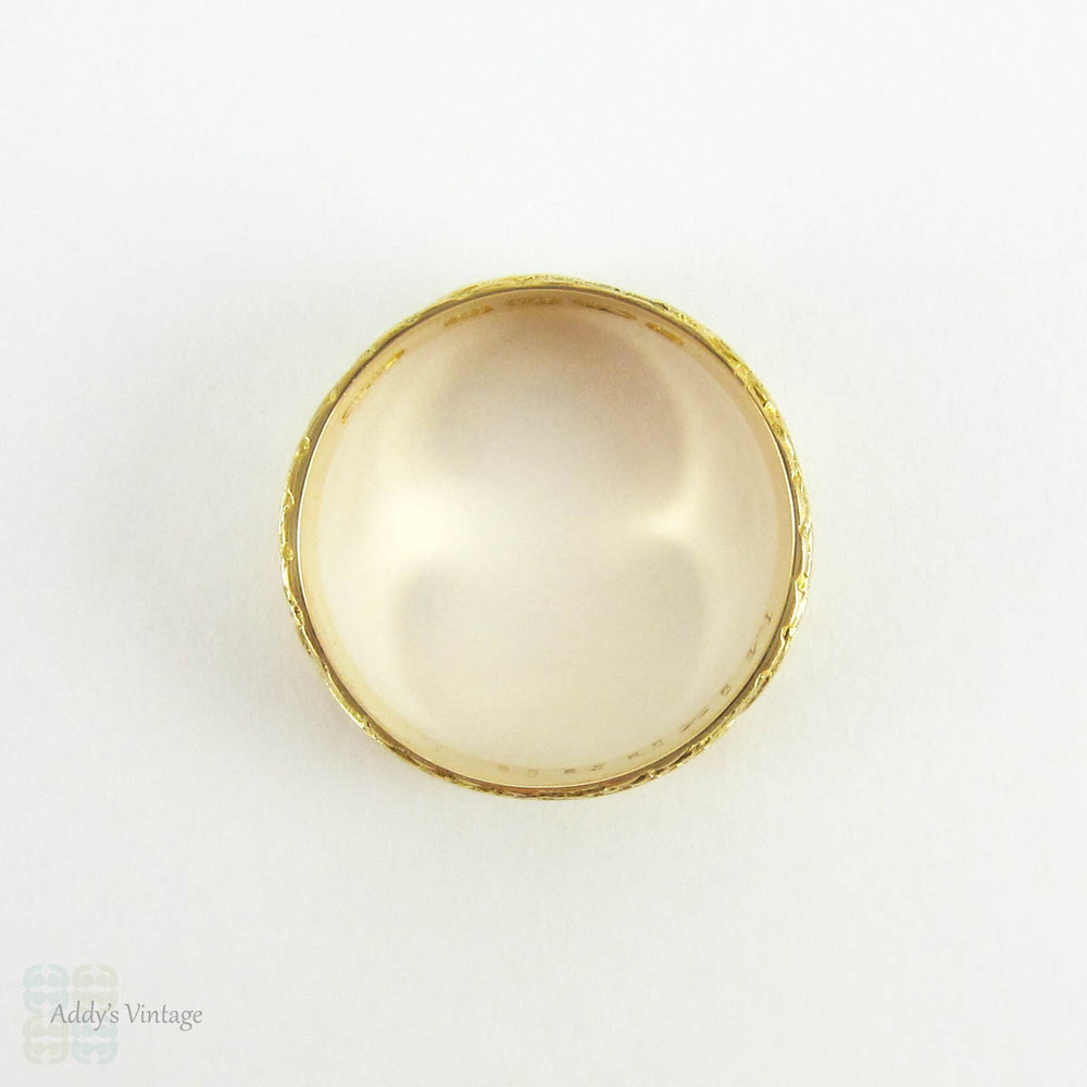 RESERVED. Victorian 18ct Fern Leaf Pattern Ring, Antique Wide Engraved Wedding Band in 18 Carat Gold. Mizpah, 1890s Hallmarks, Size K / 5.3.