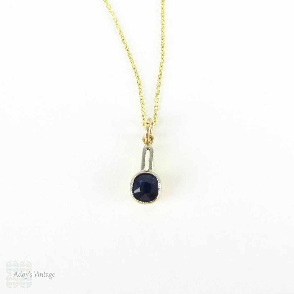 Antique Blue Sapphire Pendenant Conversion, Victorian Cushion Cut Blue Sapphire Pendant on 9ct Yellow Gold Chain.