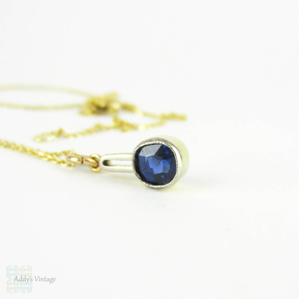 Antique Blue Sapphire Pendenant Conversion, Victorian Cushion Cut Blue Sapphire Pendant on 9ct Yellow Gold Chain.