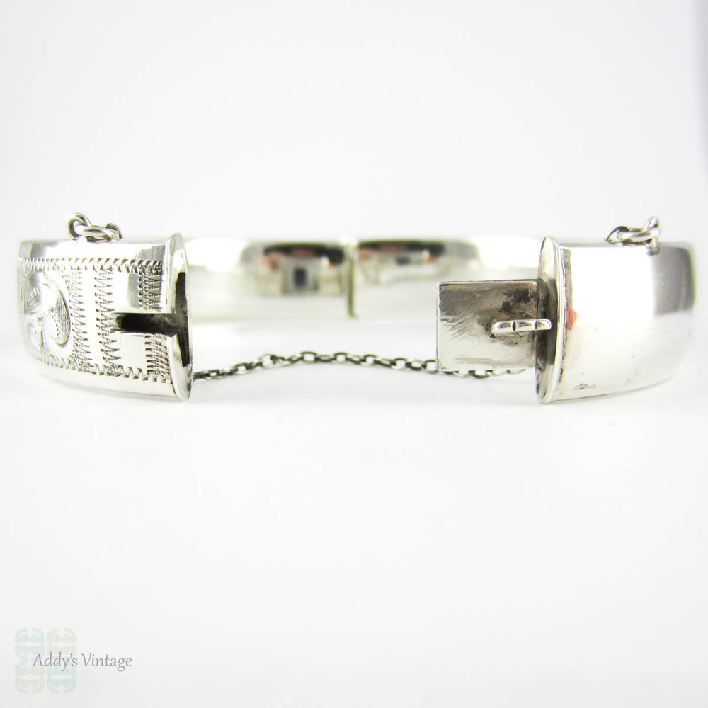 Mid Century Thistle Engraved Bangle Bracelet, Vintage Sterling Silver with 9ct Rose Gold Design. Circa 1960s, Scottish Flower.