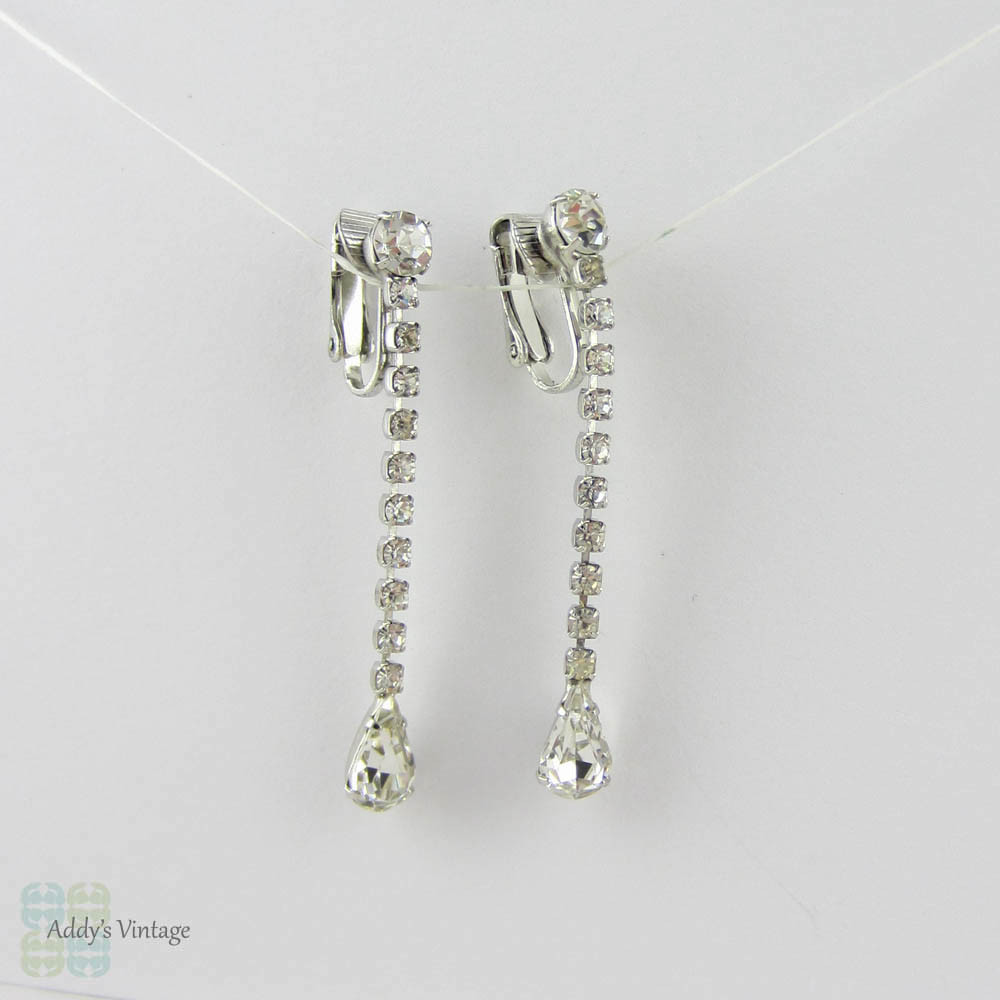 Vintage Rhinestone Clip On Earrings, Round Rhinestone Dangle Earrings with Pear Drop. Clear Diamante Circa 1960s.