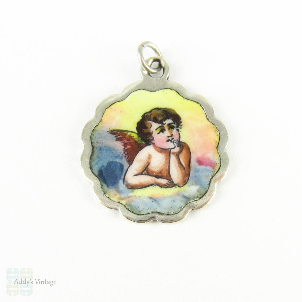Antique Angel Charm Pendant, Cherub Enamel & Sterling Silver Late Victorian German Token, God Bless You. Circa 1890s.