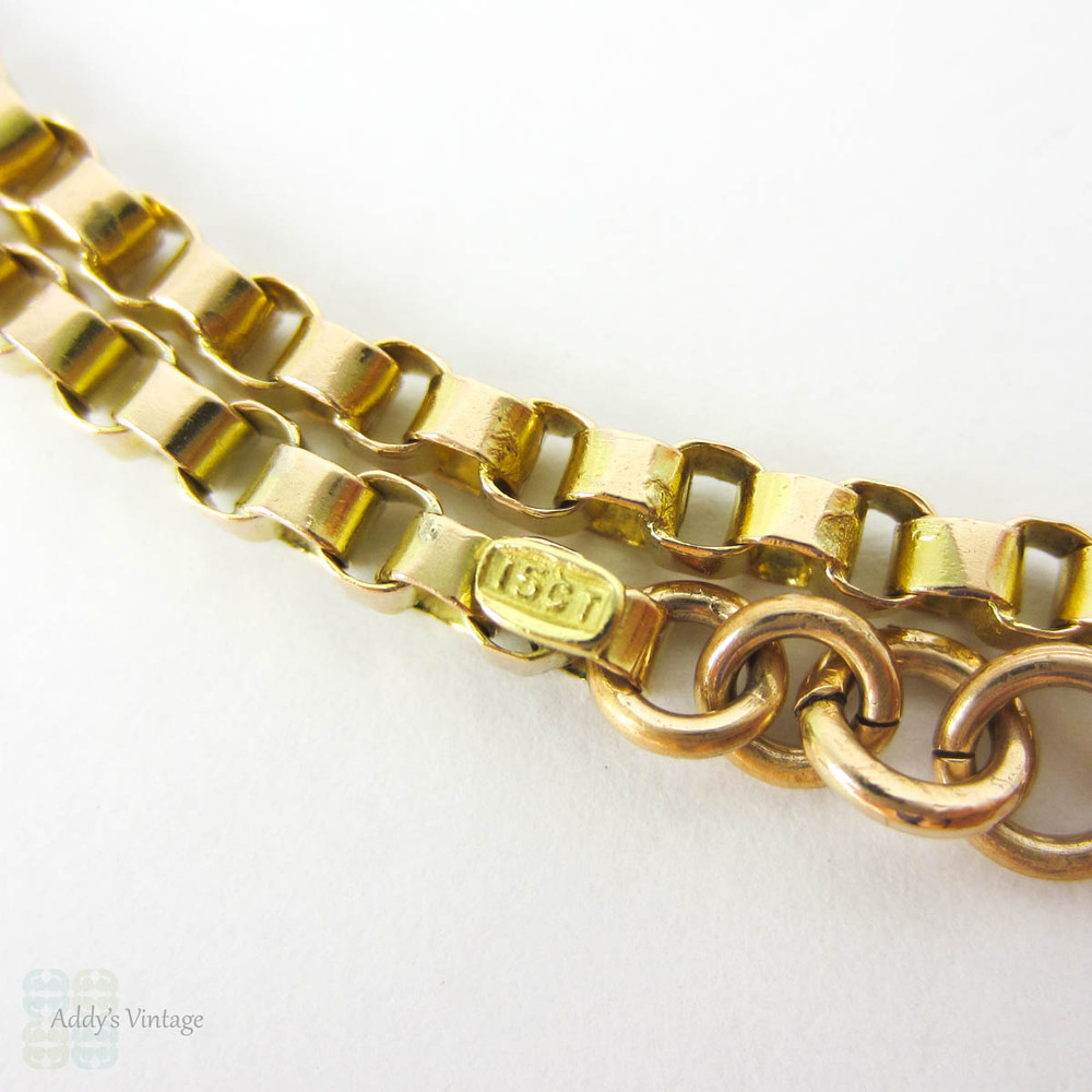 Antique 15 Carat Chain, Long Belcher Link Yellow Gold Heavy Chain Necklace. Circa 1890s, 75.5 cm / 29.75 inches.