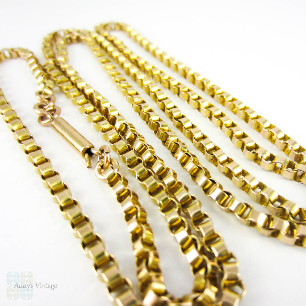 Antique 15 Carat Chain, Long Belcher Link Yellow Gold Heavy Chain Necklace. Circa 1890s, 75.5 cm / 29.75 inches.