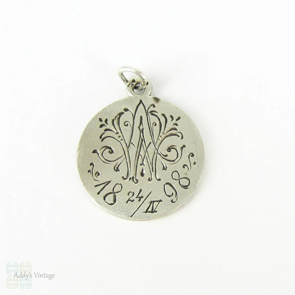 RESERVED. Victorian Enamel Angel Pendant, Cherub Charm Dated 1890s in Sterling Silver with Script Monogram.