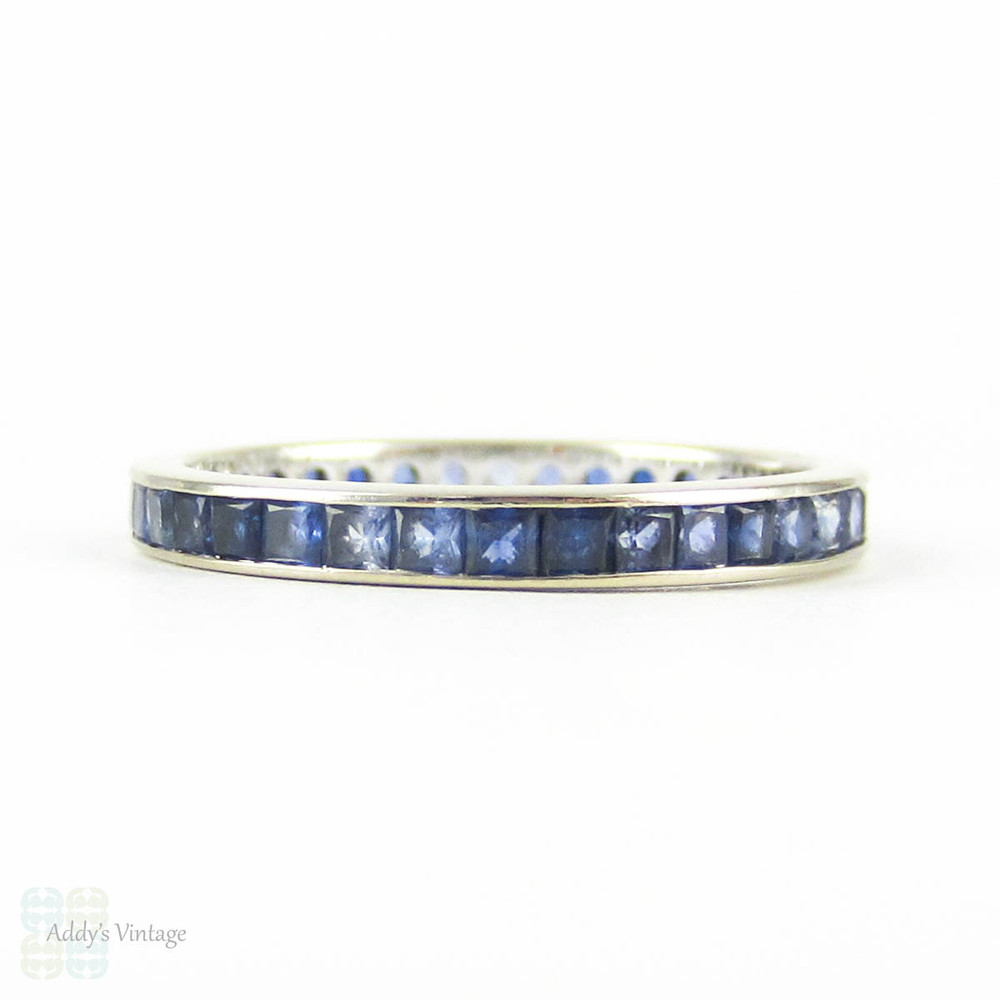 Blue Sapphire Eternity Ring, 36 Natural Square Cut Sapphires Channel Set in 18 Carat White Gold, 1.80 ctw. Size O / 7.25.