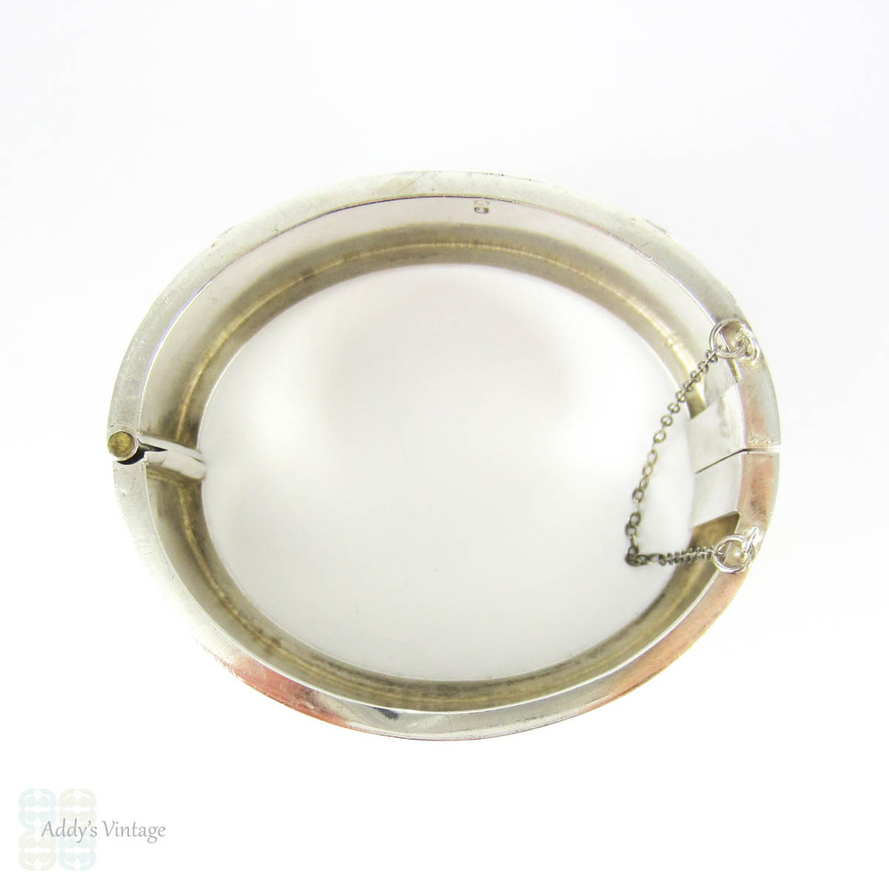 Victorian Aesthetic Sterling Silver Bracelet, Antique Rose Flower Blossoms & Engraved Design Bangle. Circa 1880s.