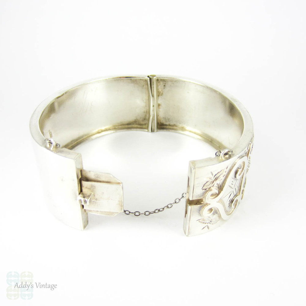 Victorian Aesthetic Sterling Silver Bracelet, Antique Rose Flower Blossoms & Engraved Design Bangle. Circa 1880s.