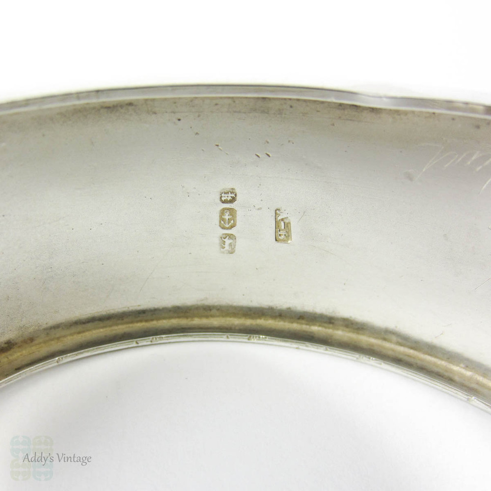 Victorian Aesthetic Sterling Silver Bracelet, Antique Rose Flower Blossoms & Engraved Design Bangle. Circa 1880s.