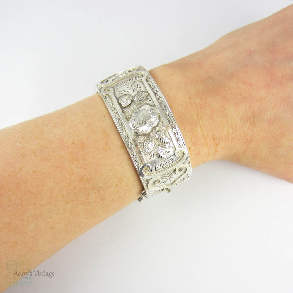 Victorian Aesthetic Sterling Silver Bracelet, Antique Rose Flower Blossoms & Engraved Design Bangle. Circa 1880s.