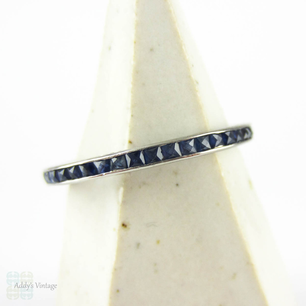 Art Deco French Cut Sapphire Eternity Ring, 18ct White Gold Engraved Side Wedding Band. Circa 1930s, Size M.5 / 6.5.