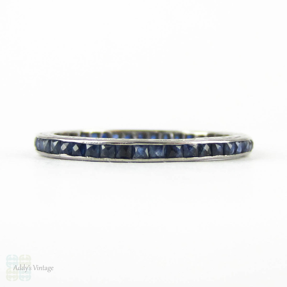 Art Deco French Cut Sapphire Eternity Ring, 18ct White Gold Engraved Side Wedding Band. Circa 1930s, Size M.5 / 6.5.