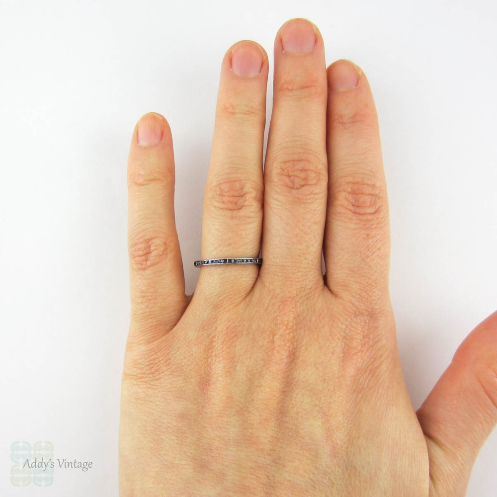 Art Deco French Cut Sapphire Eternity Ring, 18ct White Gold Engraved Side Wedding Band. Circa 1930s, Size M.5 / 6.5.