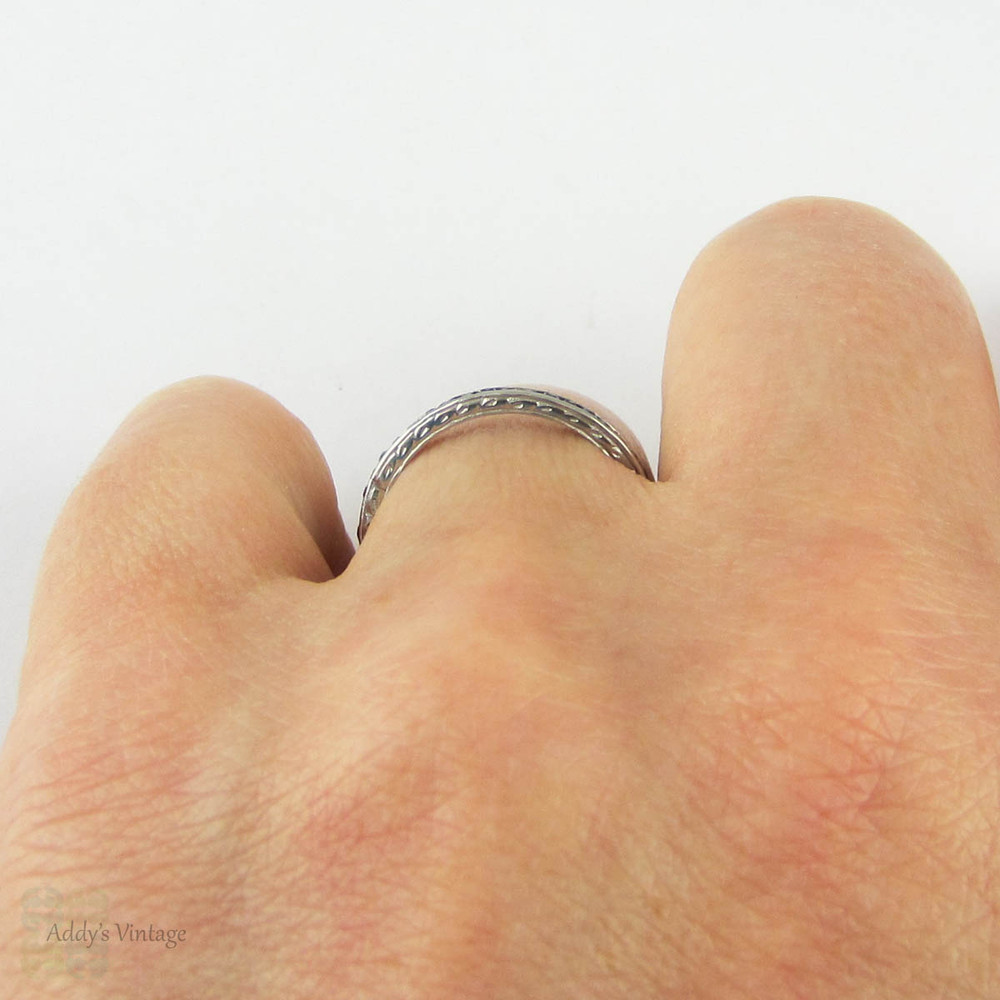 Art Deco French Cut Sapphire Eternity Ring, 18ct White Gold Engraved Side Wedding Band. Circa 1930s, Size M.5 / 6.5.